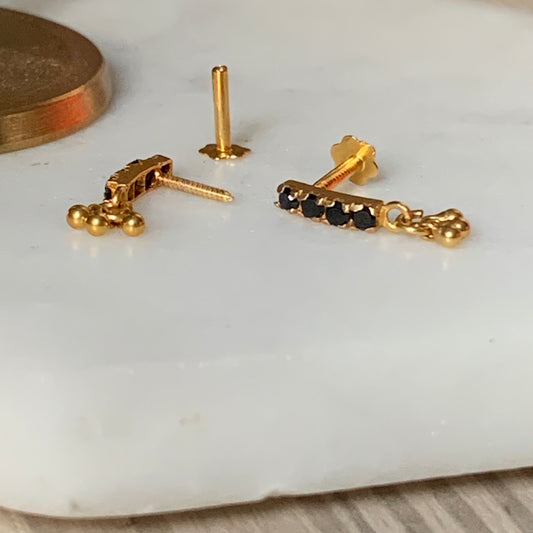 18ct Gold Dangly Studs | black c/z stones