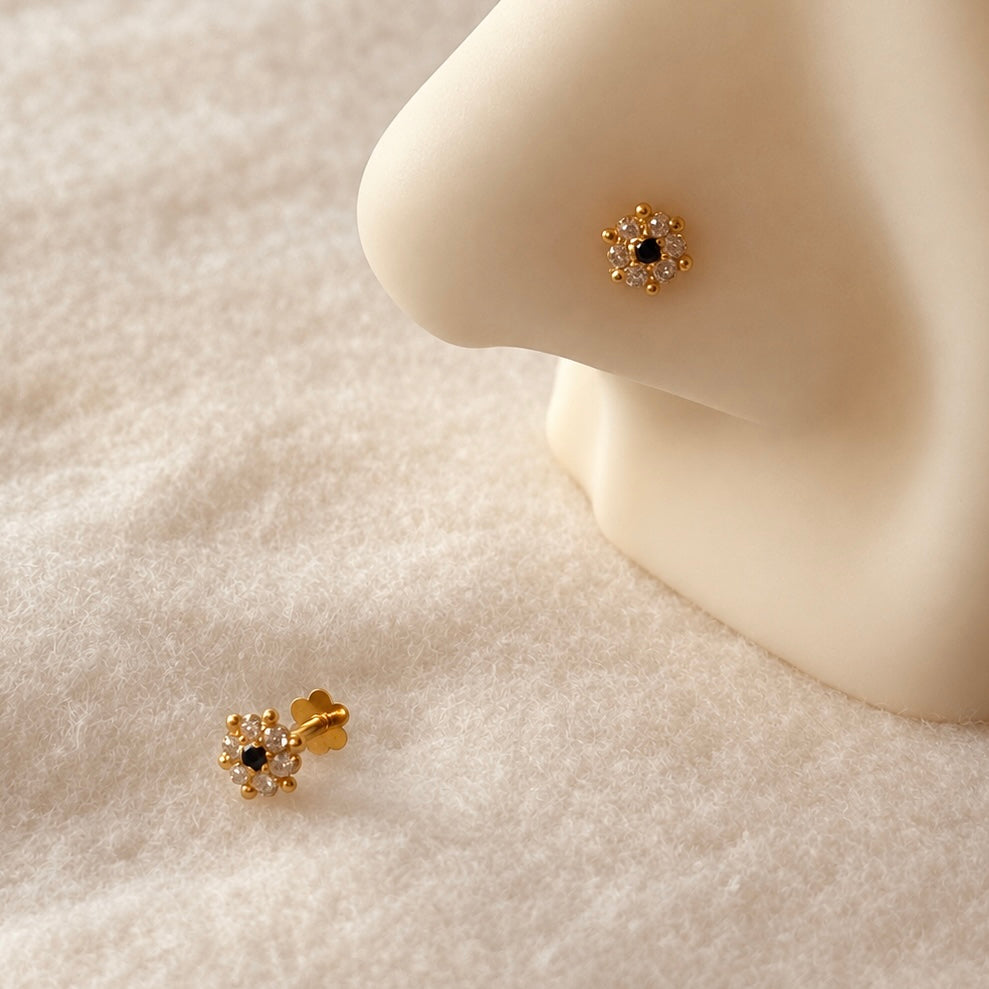 Mayfair | 14ct Gold Lily studs (Black cz)