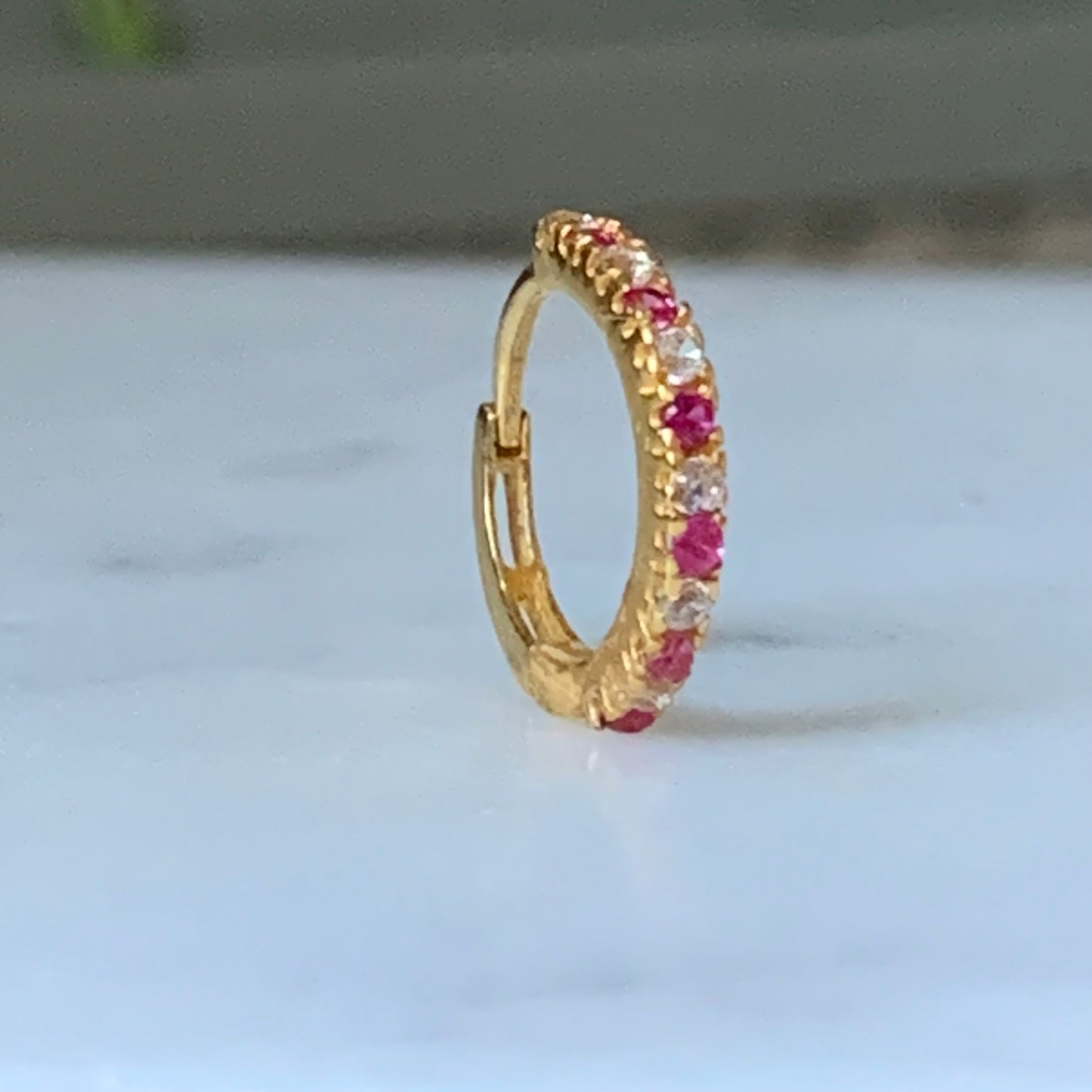 18ct Gold Single Pink/clear Hoop |8mm