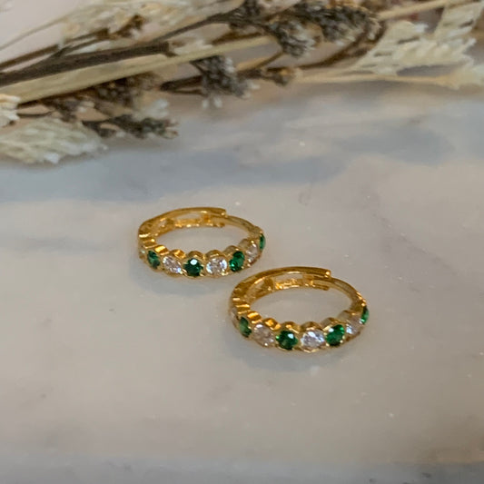 18ct Gold Hoops with emerald & clear CZ stones | 7mm