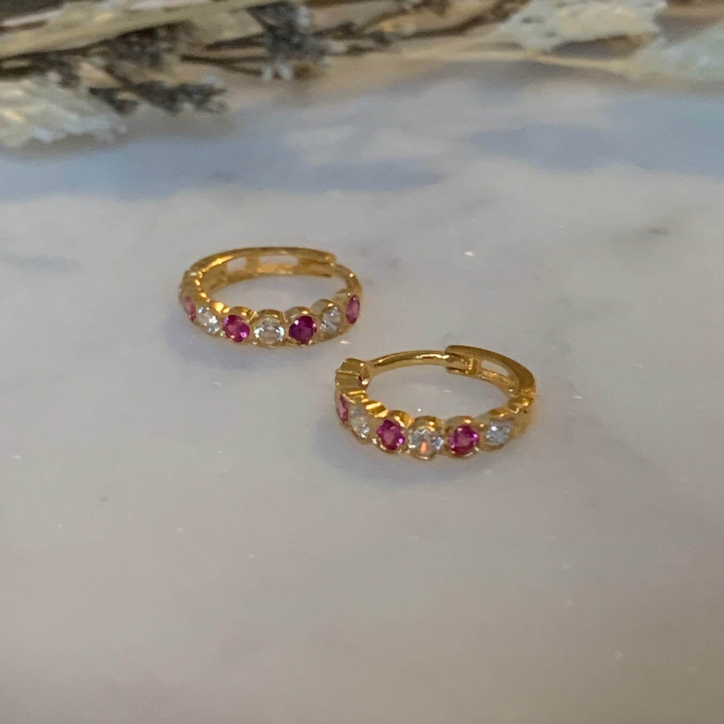 18ct Gold Huggies Pair, Pink & Clear CZ | 7mm