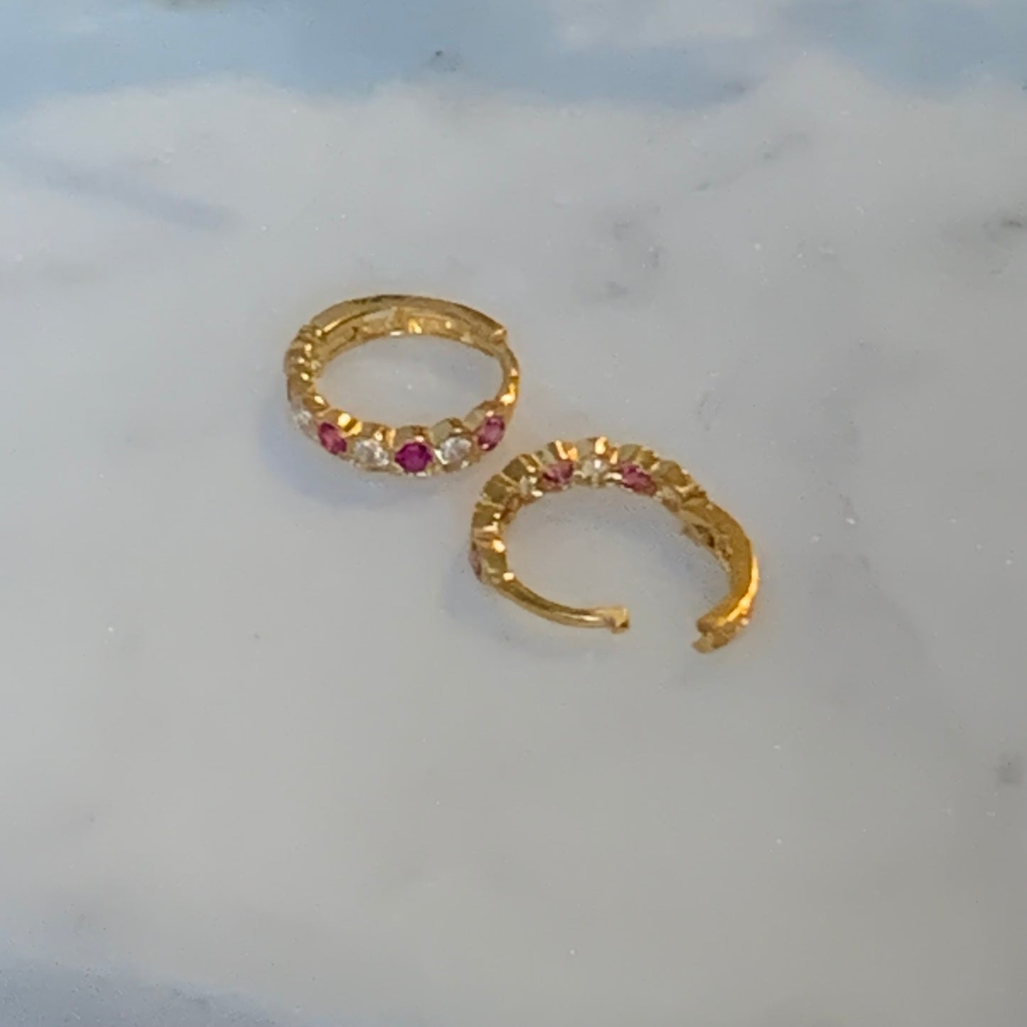 18ct Gold Huggies Pair, Pink & Clear CZ | 7mm