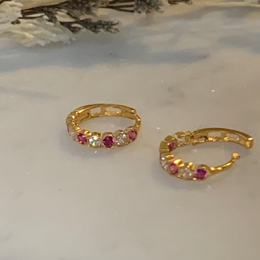 18ct Gold Huggies Pair, Pink & Clear CZ | 7mm